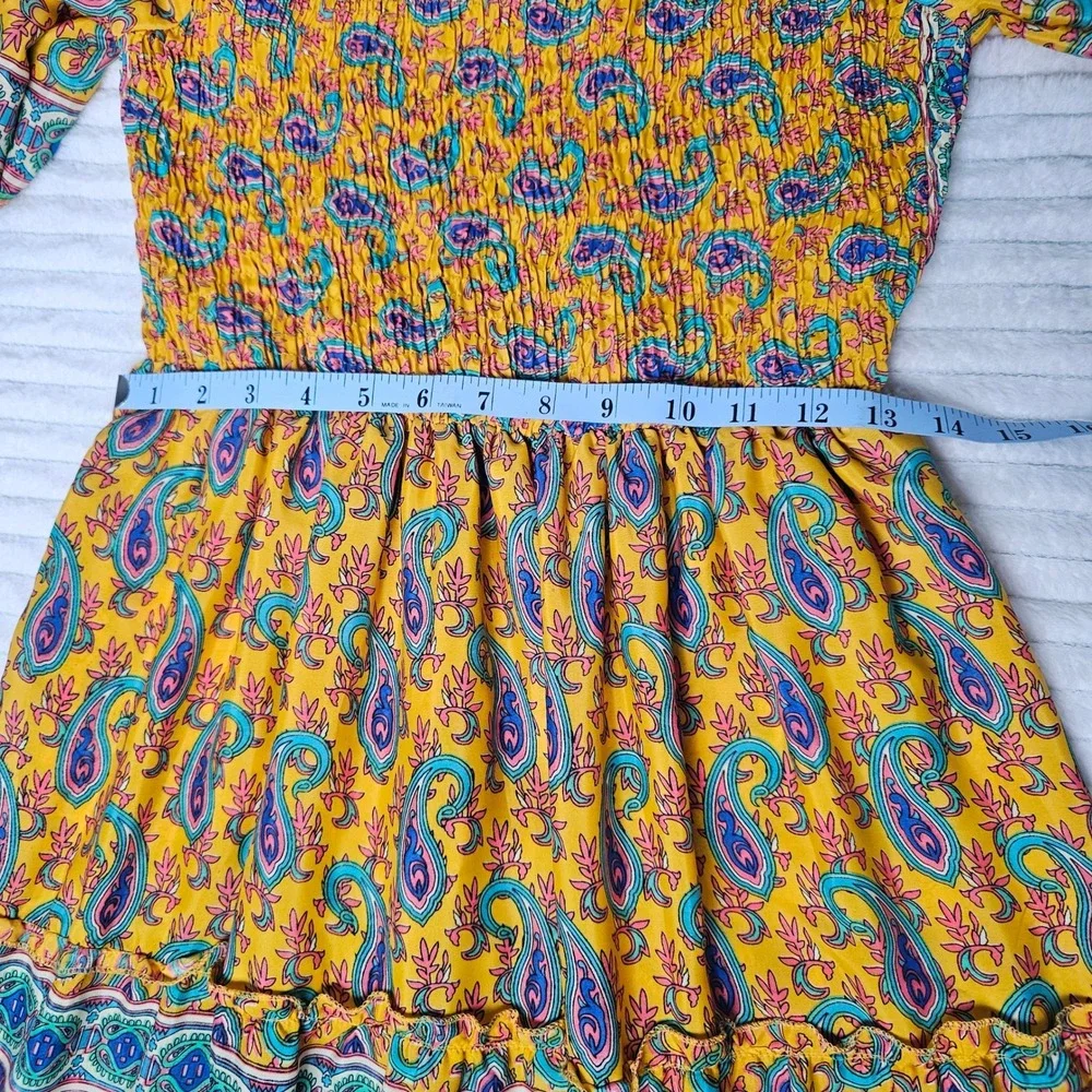 ME2MAGIC Yellow Paisley Smocked Maxi Dress‎ Square Neck Balloon Sleeve Boho M - Picture 3 of 12